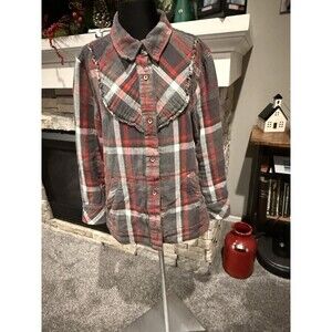 CAbi Plaid Tavern Button Shirt Jacket Shacket in Gray Red Size M #4164